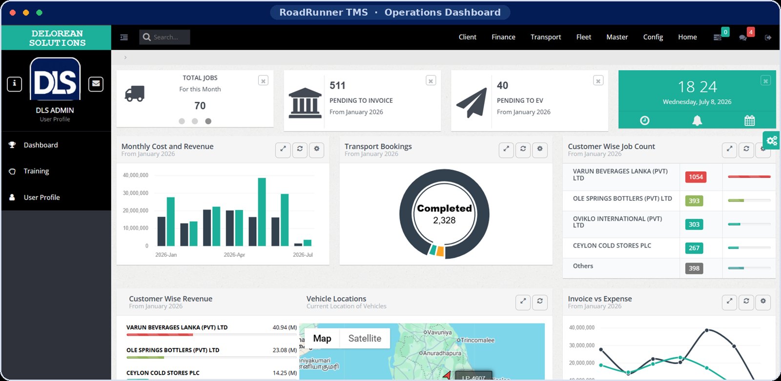 RoadRunner TMS operations dashboard — DLS Admin