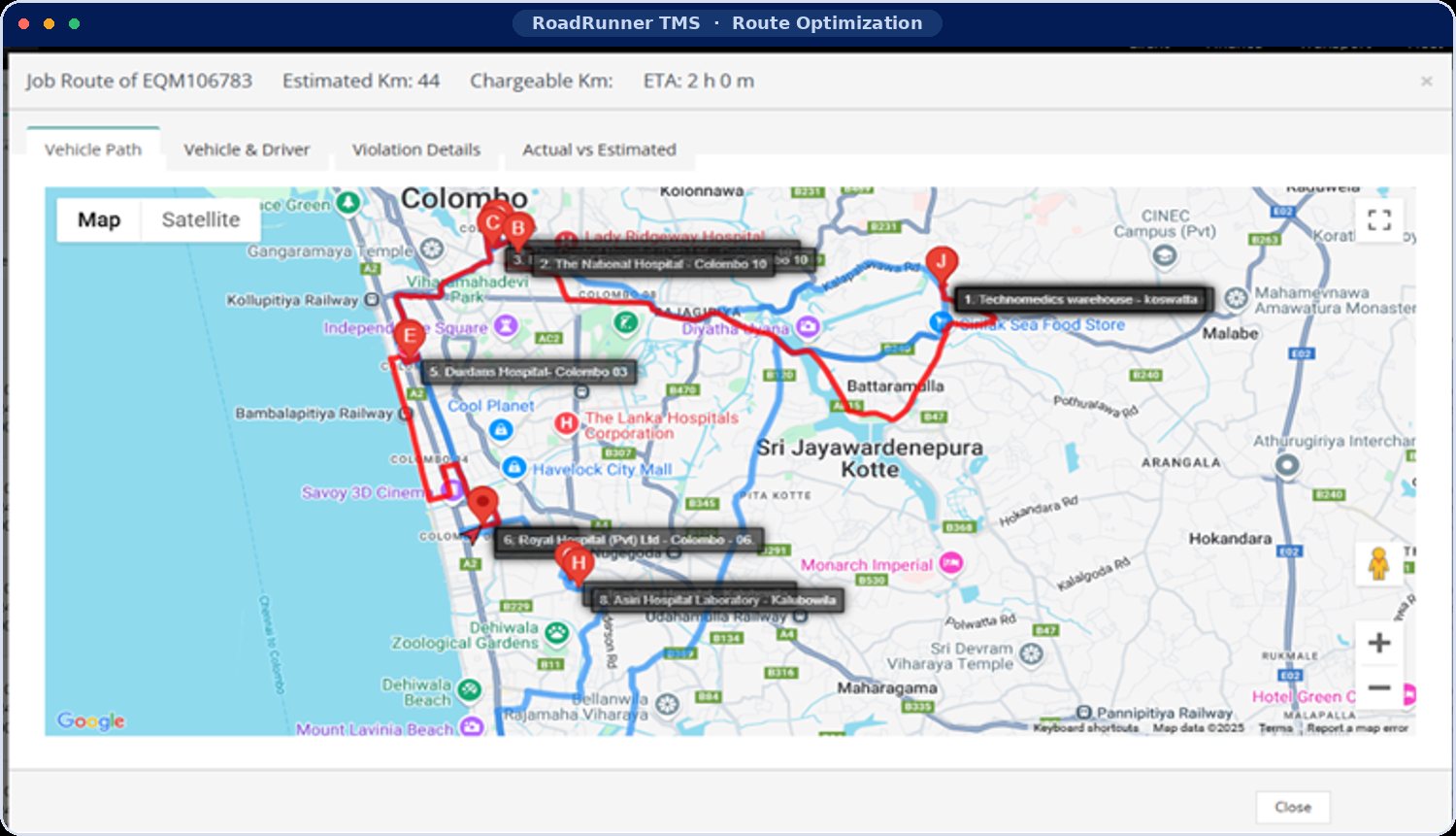 RoadRunner route optimisation map with multi-stop plan around Colombo